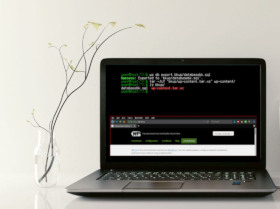 Photo of open laptop displaying terminal with wp-cli running and browser with the wp-cli homepage